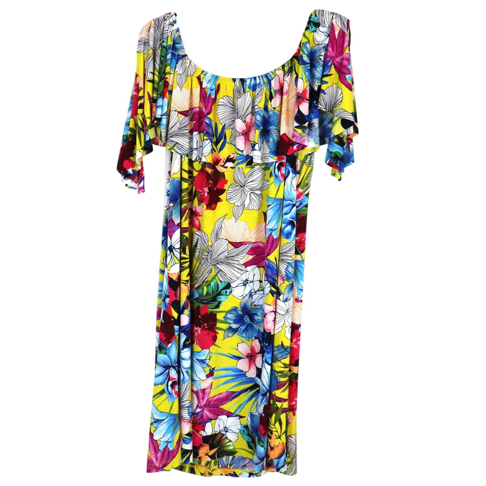 Vintage Y2k Floral Tropical Dress Split Sleeve Flutter Flowy Hibiscus Flowers M